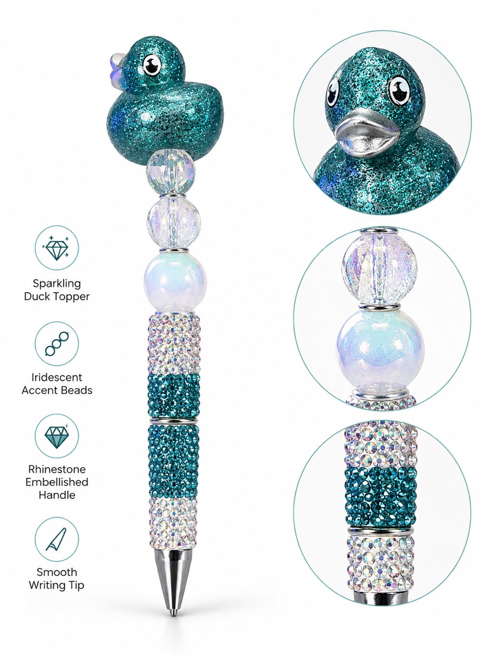 Hand Crafted Teal Glitter Duck Topper Crystal Ballpoint Pen